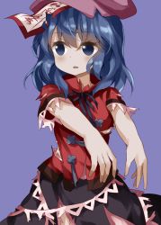 Rule 34 | 1girl, blue background, blue eyes, blue hair, chinese clothes, cowboy shot, empty eyes, flat cap, hair between eyes, hat, highres, looking to the side, miyako yoshika, neck ribbon, ofuda, open mouth, outstretched arms, ribbon, ruu (tksymkw), shirt, short hair, short sleeves, simple background, skirt, solo, torn clothes, torn shirt, torn skirt, touhou, zombie pose