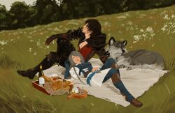 Rule 34 | 1girl, 2boys, absurdres, armor, beard stubble, black cape, black hair, boots, cape, chinstrap beard, clive rosfield, facial hair, final fantasy, final fantasy xvi, grass, grey hair, grey wolf, highres, icarriancarion, jill warrick, lap pillow, leather vest, multiple boys, picnic, picnic blanket, sitting, stubble, torgal (ff16), wariza, wolf