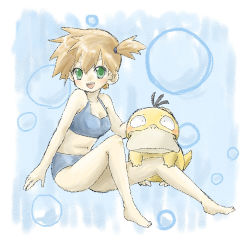 Rule 34 | 1girl, asymmetrical hair, barefoot, blue one-piece swimsuit, blurry, bra, breasts, bright pupils, creatures (company), game freak, gen 1 pokemon, green eyes, legs, looking at viewer, misty (pokemon), nintendo, one-piece swimsuit, open mouth, orange hair, pokemon, pokemon frlg, ponytail, psyduck, short hair, side ponytail, sitting, soles, solo, swimsuit, toes, underwear