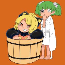 Rule 34 | 2girls, black bow, black shirt, blonde hair, blunt bangs, bone, bow, brown dress, brown eyes, bucket, closed mouth, commentary request, dress, extra eyes, flat color, full body, green hair, grin, hair bobbles, hair bow, hair bun, hair ornament, in bucket, in container, japanese clothes, kimono, kisume, kurodani yamame, long sleeves, looking at another, looking at viewer, multiple girls, orange background, pinafore dress, rinyamame, shirt, short hair, simple background, sleeveless dress, smile, standing, touhou, two side up, white eyes, white kimono, wide sleeves, wooden bucket