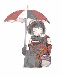 Rule 34 | 1boy, 1girl, ^ ^, adapted costume, animification, apex legends, black hair, breasts, chibi, closed eyes, crypto (apex legends), deadly byte crypto, elbow gloves, eyeshadow, fangs, gloves, grey gloves, headphones, holding, holding umbrella, makeup, mini person, miniboy, na (ajinori oisiina), on shoulder, plump, race queen, red eyeshadow, short hair, sketch, small breasts, solo focus, thighhighs, umbrella, vampire, wattson (apex legends), winged menace wattson