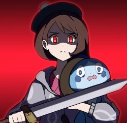 Rule 34 | 1girl, angry, brown eyes, brown hair, child, clenched hands, closed mouth, collared dress, creatures (company), dress, empty eyes, female focus, flat chest, game freak, gen 8 pokemon, gloria (pokemon), green headwear, grey jacket, holding, holding pokemon, holding sword, holding weapon, jacket, long sleeves, looking at viewer, matching hair/eyes, neck, nintendo, open mouth, phiphi-au-thon, pink dress, pokemon, pokemon (creature), pokemon swsh, red background, scared, short hair, side bangs, size difference, sobble, standing, sword, tam o&#039; shanter, thread, weapon