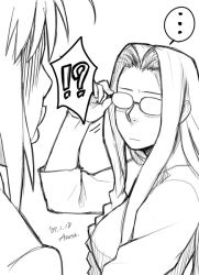 Rule 34 | !?, ..., 00s, 2girls, adjusting eyewear, artist name, artoria pendragon (fate), azusa (hws), dated, fate/stay night, fate (series), glasses, greyscale, long hair, medusa (fate), medusa (rider) (fate), monochrome, multiple girls, opaque glasses, playing games, saber (fate), spoken ellipsis