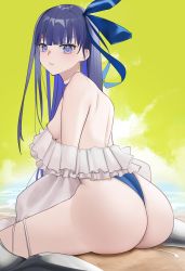 Rule 34 | 1girl, absurdres, ass, back, bare shoulders, blue eyes, blue ribbon, blush, breasts, choker, fate/grand order, fate (series), frilled one-piece swimsuit, frills, hair ribbon, highleg, highleg swimsuit, highres, long hair, long sleeves, looking at viewer, looking back, meltryllis, meltryllis (fate), meltryllis (swimsuit lancer) (fate), meltryllis (swimsuit lancer) (second ascension) (fate), off-shoulder one-piece swimsuit, off shoulder, one-piece swimsuit, prosthesis, prosthetic leg, puffy sleeves, purple hair, ribbon, san (harutuki 3), shore, sideboob, sitting, sleeves past fingers, sleeves past wrists, small breasts, solo, swimsuit, thighs, very long hair, wariza, white ribbon