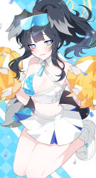 Rule 34 | 1girl, absurdres, animal ears, bare shoulders, black hair, blue archive, blue eyes, blush, breasts, cheerleader, crop top, dog ears, dog girl, dog tail, eyewear on head, goggles, goggles on head, halo, hibiki (blue archive), hibiki (cheer squad) (blue archive), highres, holding, holding pom poms, long hair, looking at viewer, medium breasts, millennium cheerleader outfit (blue archive), navel, official alternate costume, pom pom (cheerleading), pom poms, sasa (sa1008va), shoes, skirt, sneakers, solo, star sticker, sticker on face, tail, text print, yellow halo