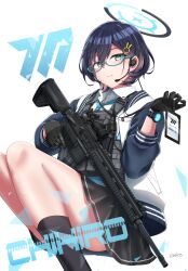 Rule 34 | 1girl, absurdres, ammunition pouch, assault rifle, black gloves, black socks, blue-framed eyewear, blue archive, blue eyes, blue hair, blue necktie, character name, chihiro (blue archive), closed mouth, collared shirt, commentary request, feet out of frame, glasses, gloves, gun, h&amp;k hk416, hair ornament, hairclip, halo, hand up, highres, holding, holding weapon, jacket, letterman jacket, looking at viewer, magazine (weapon), medium hair, millennium science school logo, necktie, open clothes, open jacket, bulletproof vest, pleated skirt, pouch, rifle, scope, sekino takehiro, semi-rimless eyewear, shirt, signature, simple background, skirt, socks, solo, tag, trigger discipline, watch, weapon, white background, white shirt, wristwatch