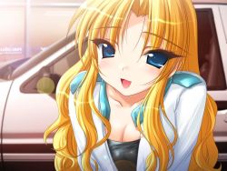 Rule 34 | 1girl, blonde hair, blue eyes, breasts, car, cleavage, emily (pure dream), game cg, leaning forward, long hair, moero downhill night, moero downhill night (series), moero downhill night 2, motor vehicle, non-web source, solo, toudouin reiko, toyota, toyota sprinter trueno, vehicle