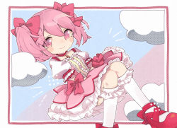 Rule 34 | +++, 1girl, ankle ribbon, ankle strap, arms at sides, beige background, blue background, blush, blush stickers, border, breasts, bubble skirt, buttons, chibi, choker, closed mouth, cloud, cloud background, cross-laced footwear, dot nose, dutch angle, eyes visible through hair, foot out of frame, frilled skirt, frilled sleeves, frilled socks, frills, hair between eyes, hair ribbon, happy, highres, kaname madoka, knees together feet apart, leg ribbon, light smile, looking at viewer, mahou shoujo madoka magica, mahou shoujo madoka magica (anime), outline, outside border, pink border, pink eyes, pink hair, pink ribbon, polka dot, polka dot background, puffy short sleeves, puffy sleeves, red choker, red footwear, red neckwear, red ribbon, ribbon, ruu ka, short sleeves, short twintails, skirt, small breasts, socks, solo, soul gem, tareme, twintails, two-tone background, white border, white outline, white skirt, white socks