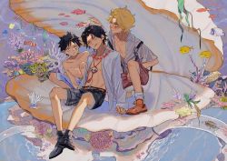 Rule 34 | 3boys, akihare, brothers, clam, coral, fish, halo, highres, jewelry, male focus, monkey d. luffy, multiple boys, necklace, one piece, open clothes, open shirt, portgas d. ace, sabo (one piece), scar, short hair, short sleeves, shorts, siblings, topless male, underwater