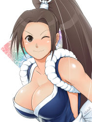 Rule 34 | 1girl, bad id, bad pixiv id, breasts, brown eyes, brown hair, fatal fury, kuro (pixiv122395), large breasts, long hair, one eye closed, ponytail, shiranui mai, smile, snk, solo, the king of fighters, wink, xxkuroxx
