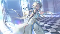 Rule 34 | blue eyes, breasts, bridal gauntlets, checkered floor, cleavage, clothing cutout, day, dress, floating hair, gesoking, glint, gloves, grin, hair between eyes, hair flaps, highres, holding, holding sword, holding weapon, indoors, light particles, long hair, medium breasts, multicolored eyes, original, shoulder cutout, sidelocks, silver choker, smile, solo, sunlight, sword, tiara, twintails, very long hair, weapon, white dress, white gloves, white hair, window, yellow eyes
