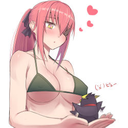 Rule 34 | 1boy, 1girl, bikini, bird, blush, breasts, cz2128 delta, eclair ecleir eicler, eyepatch, green eyes, heart, heart-shaped pupils, long hair, overlord (maruyama), penguin, pink hair, ponytail, simple background, swimsuit, symbol-shaped pupils, text focus, translated, voeh!