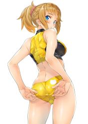 Rule 34 | 1girl, adjusting clothes, adjusting swimsuit, ass, back, bikini, blue eyes, blush, breasts, brown hair, commentary request, cowboy shot, from behind, gundam, gundam build fighters, gundam build fighters try, highres, hoshino fumina, long hair, looking at viewer, looking back, medium breasts, nagayori, parted lips, ponytail, scrunchie, shiny skin, simple background, solo, standing, swimsuit, teeth, white background, yellow bikini