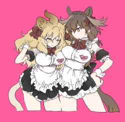 Rule 34 | 010mzam, 2girls, :3, alternate costume, animal ears, apron, black dress, blonde hair, bow, bowtie, brown hair, commentary request, cowboy shot, detached sleeves, dress, enmaided, extra ears, frilled dress, frills, hair bow, hand in own hair, hand on own hip, kemono friends, lion (kemono friends), lion ears, lion girl, lion tail, long hair, looking at another, maid, maid apron, maid headdress, moose (kemono friends), moose ears, moose girl, moose tail, multiple girls, name tag, pantyhose, puffy short sleeves, puffy sleeves, red bow, red neckwear, short sleeves, sleeve cuffs, tail, white apron, white frills, white legwear, yellow eyes