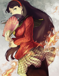 Rule 34 | 1girl, amagi yukiko, aran sweater, black hair, black pantyhose, cable knit, commentary request, covering own mouth, cowboy shot, dutch angle, fire, green skirt, hair between eyes, hairband, hand fan, highres, holding, holding fan, houndstooth, long hair, looking at viewer, miniskirt, neckerchief, pantyhose, persona, persona 4, pleated skirt, red hairband, red sweater, school uniform, skirt, solo, standing, sweater, yasogami school uniform, yellow eyes, yellow neckerchief, yuenibushi