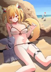 Rule 34 | 3girls, :p, absurdres, alternate costume, animal ears, arknights, beach, bikini, blonde hair, commentary, croissant (arknights), day, exusiai (arknights), feet out of frame, female focus, fox ears, fox tail, front-tie bikini top, front-tie top, hair between eyes, hair bobbles, hair ornament, heart, highres, looking at viewer, medium hair, multiple girls, naughty face, navel, official alternate costume, outdoors, red eyes, rin mokkomoko, sand, sitting, skirt, unworn skirt, solo focus, sora (arknights), sora (summer flowers) (arknights), strap pull, swimsuit, tail, thigh strap, tongue, tongue out, twintails, undressing, white bikini, wolf ears, wolf tail