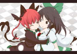 Rule 34 | 2girls, :3, :o, ahoge, animal ears, arm cannon, black dress, black hair, bow, braid, breasts, brown hair, cat ears, cat tail, collarbone, cuddling, dress, extra ears, face-to-face, hair bow, hair ribbon, hug, huggle, kaenbyou rin, long hair, looking at another, multiple girls, multiple tails, nekomata, one eye closed, open mouth, pointy ears, puffy short sleeves, puffy sleeves, red eyes, red hair, reiuji utsuho, ribbon, shirt, short sleeves, smile, tail, third eye, touhou, twin braids, upper body, weapon, yukihiko (sky sleep)