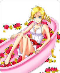Rule 34 | 1girl, atlus, barefoot, bath, blonde hair, blue eyes, breasts, catherine, catherine (game), choker, dress, drill hair, feet, female focus, flower, hiramoto1208, long hair, lying, plant, red ribbon, ribbon, solo, twin drills, twintails, white background
