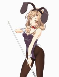 Rule 34 | 1girl, animal ears, bad id, bad pixiv id, bare shoulders, billiards, black pantyhose, blush, bow, bowtie, breasts, brown eyes, brown hair, cleavage, cue stick, detached collar, fake animal ears, fake tail, finger to mouth, from side, girlfriend (kari), hair bobbles, hair ornament, hair over shoulder, hairband, head tilt, highleg, holding, leotard, looking at viewer, low twintails, miso (de-ra), pantyhose, playboy bunny, rabbit ears, rabbit tail, short hair, small breasts, standing, swept bangs, tail, tamai remi, twintails, wrist cuffs