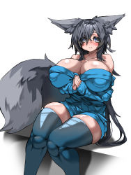 Rule 34 | 1girl, animal ear fluff, animal ears, back hair, bare shoulders, blue eyes, blue thighhighs, blush, breasts, closed mouth, collarbone, covered erect nipples, eyes visible through hair, fox ears, fox girl, fox tail, grey eyes, hair between eyes, highres, huu (mohujirou1811), large breasts, long hair, multicolored eyes, off shoulder, original, own hands together, shiny skin, skindentation, sleeves past wrists, smile, solo, tail, thighhighs, very long hair