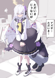 Rule 34 | 1boy, 1girl, azusa (blue archive), black dress, black socks, blue archive, dress, feathered wings, flower, hair between eyes, hair flower, hair ornament, halo, highres, long hair, long sleeves, low wings, open mouth, pants, pervert, sensei (blue archive), shoes, socks, solo focus, speech bubble, squatting, standing, tonomiya68, translated, under skirt, white footwear, white hair, white wings, wings
