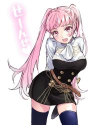 Rule 34 | 1girl, arms behind back, belt, blue thighhighs, blush, breasts, female focus, fire emblem, fire emblem: three houses, garreg mach monastery uniform, highres, hilda valentine goneril, large breasts, long hair, matching hair/eyes, nintendo, open mouth, pink eyes, pink hair, simple background, smile, solo, thighhighs, thighs, toremoro (yuka09144), twintails, uniform, white background, zettai ryouiki