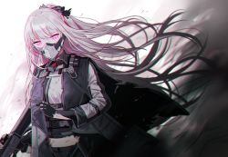 Rule 34 | 1girl, ak-12, ak-12 (girls&#039; frontline), assault rifle, black gloves, braid, breasts, cloak, commentary, damaged, floating hair, french braid, gas mask, girls&#039; frontline, gloves, gun, holding, holding gun, holding weapon, jacket, kalashnikov rifle, long hair, long sleeves, looking at viewer, mask, medium breasts, purple eyes, ribbon, rifle, sidelocks, silence girl, silver hair, solo, torn clothes, very long hair, weapon, wind, wind lift
