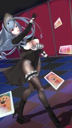 Rule 34 | 1girl, absurdres, azur lane, black dress, black footwear, black gloves, black pantyhose, blue hair, boots, breasts, card, checkered floor, clothing cutout, dress, full body, gloves, goblin003, high heels, highres, indoors, large breasts, long hair, maid headdress, manjuu (azur lane), marco polo (azur lane), marco polo (the queen of hearts) (azur lane), official alternate costume, open mouth, pantyhose, platform boots, platform footwear, red eyes, solo, thigh strap, underboob, underboob cutout, very long hair, walking