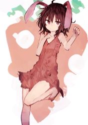 Rule 34 | 1girl, absurdres, animal ears, bare legs, brown hair, rabbit ears, dress, hand on own chest, highres, inaba tewi, kaamin (mariarose753), red eyes, short hair, solo, touhou
