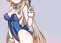 Rule 34 | 1girl, ass, bare shoulders, blonde hair, blue archive, blue background, bow, bowtie, breasts, cleavage, covered navel, detached collar, earpiece, facing viewer, jazz jack, large breasts, leotard, long hair, playboy bunny, simple background, solo, toki (blue archive), toki (bunny) (blue archive), v, wrist cuffs