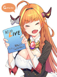 Rule 34 | 1girl, ahoge, blonde hair, blush, bow, braid, breasts, brown hair, cleavage, commentary request, dragon horns, fang, hairband, holding, hololive, horn bow, horn ornament, horns, kiryu coco, kiryu coco (1st costume), large breasts, long hair, looking at viewer, mikan (chipstar182), multicolored hair, open mouth, orange hair, pointy ears, simple background, skin fang, smile, solo, translation request, v-shaped eyebrows, virtual youtuber, white background