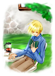 Rule 34 | blonde hair, blue turtleneck sweater, book, brown pants, cup, elbows on table, guilty gear, guilty gear x, holding, holding book, kettle, kinomin, ky kiske, male focus, on chair, outdoors, pants, short hair, sleeping, sleeping upright, solo, sweater, teacup, turtleneck, turtleneck sweater