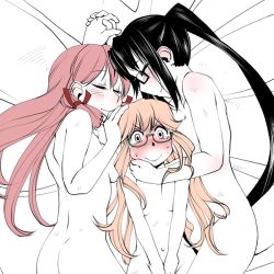 Rule 34 | 10s, 3girls, absurdly long hair, ahoge, akashi (kancolle), ass, bare shoulders, bespectacled, black hair, blush, breasts, convenient censoring, closed eyes, full-face blush, girl sandwich, glasses, hair over breasts, hair ribbon, holding hands, hand on another&#039;s face, hand on another&#039;s head, kamotama, kantai collection, long hair, lying, makigumo (kancolle), medium breasts, multiple girls, nachi (kancolle), navel, nude, on back, on side, pink hair, ponytail, ribbon, sandwiched, side ponytail, sleeping, small breasts, smile, tress ribbon, twintails, v arms, very long hair, yuri