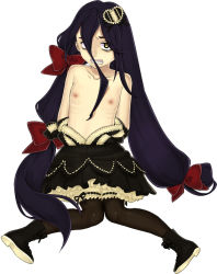 Rule 34 | 1boy, angry, flat chest, frilled thighhighs, frills, hair ribbon, long hair, male focus, nipples, ozonenozo, purple hair, ribbon, ribs, solo, tears, thighhighs, topless male, trap, yellow eyes