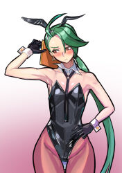 Rule 34 | 1girl, absurdres, alternate costume, blush, creatures (company), detached collar, earrings, game freak, ghgnvm, gloves, gradient background, green hair, hairband, hand on own hip, highres, jewelry, leotard, long hair, looking to the side, nintendo, playboy bunny, pokemon, pokemon sv, rabbit ears, rabbit tail, red background, red eyes, rika (pokemon), solo, thigh gap, wide hips, wrist cuffs