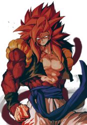 Rule 34 | absurdres, bare pectorals, biceps, blood, blood on chest, blood on face, blood on hands, blue eyes, body fur, brown fur, dragon ball, dragon ball gt, gogeta, highres, metamoran vest, monkey boy, monkey tail, no nipples, pants, pectorals, red hair, relio db318, saiyan, spiked hair, super saiyan, super saiyan 4, tail, veins, veiny arms, veiny hands, white pants