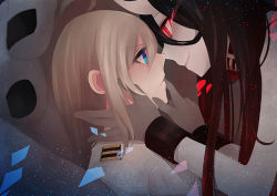 Rule 34 | 10s, 2girls, abyssal ship, battleship princess, black hair, blonde hair, blue eyes, commentary, face-to-face, female admiral (kancolle), glowing, glowing eyes, hands on another&#039;s face, hinagi (fox priest), horns, imminent kiss, kantai collection, long hair, military, military uniform, multiple girls, naval uniform, pale skin, red eyes, uniform, yuri