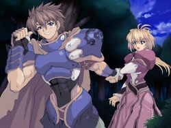 Rule 34 | 1boy, 1girl, abs, antenna hair, belt, blonde hair, blue eyes, blush, brave soul, brown hair, cape, caren (brave soul), clenched teeth, cloud, dress, earrings, fingerless gloves, frills, game cg, glasses, gloves, holding hands, hetero, jewelry, manly, mogudan, muscular, night, open mouth, outdoors, ponytail, rudy, rudy (brave soul), skin tight, smile, teeth, tree
