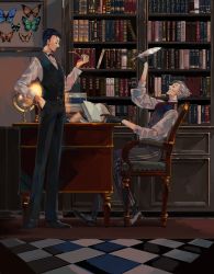 Rule 34 | 2boys, absurdres, black gloves, black hair, book, bookshelf, bug, butterfly, chair, checkered floor, desk, facial hair, fate/grand order, fate (series), globe, gloves, grey hair, grin, hand in pocket, highres, insect, james moriarty (archer) (fate), multiple boys, mustache, smoking pipe, quill, sherlock holmes (fate), sitting, smile, vest