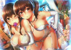 Rule 34 | 10s, 2girls, aircraft, airplane, akagi (kancolle), arrow (projectile), asymmetrical hair, bare shoulders, blush, bowl, bra, breast press, breasts, brown eyes, brown hair, choker, cleavage, condom, condom in mouth, earrings, elbow gloves, flight deck, flower, garter belt, garter straps, gloves, highres, jewelry, kaga (kancolle), kantai collection, large breasts, lingerie, looking at viewer, mouth hold, multiple girls, necklace, one eye closed, panties, quiver, rice bowl, rice cooker, short hair, side ponytail, suika01, teruterubouzu, thighhighs, underwear, underwear only, used condom, white gloves, white legwear, wink