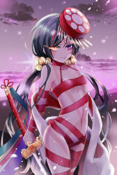 Rule 34 | 1girl, absurdres, arm strap, bare shoulders, bell, black hair, breasts, closed mouth, cloud, collarbone, cowboy shot, eyelashes, fate/grand order, fate (series), flaming eyes, full-body tattoo, hat, heterochromia, highres, holding, holding sword, holding weapon, jingle bell, light particles, lips, long hair, looking at viewer, mochizuki chiyome (fate), mochizuki chiyome (third ascension) (fate), navel, outdoors, purple eyes, purple sky, red hat, revealing clothes, shiina (vuurrood), sky, small breasts, smile, solo, standing, stomach, sword, tattoo, thighs, tsurime, weapon, yellow eyes
