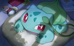 Rule 34 | aka tadaima, book, bright pupils, bulbasaur, claws, commentary request, creatures (company), cushion, fang, game freak, gen 1 pokemon, lying, night, nintendo, no humans, on stomach, open mouth, plant, poke ball, poke ball (basic), pokedex, pokemon, pokemon (creature), red eyes, solo, ultra ball, vines, white pupils, wooden floor