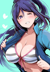 Rule 34 | 1girl, bikini, bikini under clothes, blue hair, bodysuit, breasts, cleavage, collarbone, diving suit, gengoroh, green background, heart, highres, large breasts, light blush, long hair, looking at viewer, love live!, love live! sunshine!!, matsuura kanan, one eye closed, open wetsuit, parted lips, ponytail, purple eyes, smile, solo, striped bikini, striped clothes, swimsuit, upper body, wetsuit