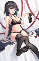 Rule 34 | 1girl, :d, @ @, absurdres, arm support, armpits, bare legs, bare shoulders, bed, black bra, black hair, black panties, black shirt, black thighhighs, blue eyes, bow, bowtie, bra, breasts, cleavage, collarbone, commentary request, curtains, feet, flying sweatdrops, hair ornament, halterneck, highres, holding, k.t.cube, lace, lace-trimmed bra, lace-trimmed panties, lace trim, large breasts, lingerie, loafers, long hair, looking at viewer, navel, on bed, open mouth, original, panties, red ribbon, ribbon, shirt, unworn shirt, shoes, unworn shoes, sidelocks, sitting, smile, solo, stomach, strap gap, thighhighs, thighs, translated, underwear, very long hair, x hair ornament