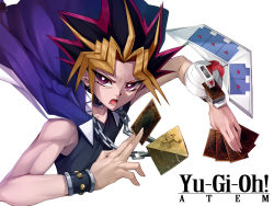 Rule 34 | 1boy, atem, black hair, blonde hair, bracelet, card, chain, character name, clip studio paint (medium), collar, collarbone, copyright name, deck, deck of cards, duel disk, dyed bangs, fingernails, ginopi, highres, holding, holding card, jacket, jacket on shoulders, jewelry, lower teeth only, male focus, multicolored hair, muto yugi, necklace, open mouth, purple eyes, purple hair, school uniform, simple background, solo, spiked hair, teeth, tongue, uniform, white background, yu-gi-oh!
