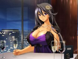 Rule 34 | 1girl, alcohol, black hair, blue eyes, breasts, building, city, city lights, cityscape, cleavage, cup, dark skin, dark-skinned female, dress, drinking glass, female focus, game cg, glass, hair ornament, huge breasts, indoors, jewelry, long hair, looking at viewer, menu, mochizuki nozomu, necklace, night, night sky, ore wa tsuma killer, pearl necklace, purple eyes, restaurant, sky, smile, solo, sonomura meiko, star (sky), starry sky, table, window, wine, wine glass