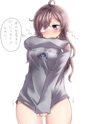 Rule 34 | 1girl, ahoge, arm up, bandages, bare legs, blush, breasts, brown hair, commentary request, eyepatch, gluteal fold, grey eyes, highres, large breasts, long hair, long sleeves, looking down, medical eyepatch, neit ni sei, original, shirt tug, simple background, sleeves past wrists, solo, sweat, thought bubble, translation request, white background
