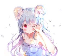 Rule 34 | 1girl, :o, animal ears, b rock, bad id, bad pixiv id, bare arms, bare shoulders, blue hair, blush, breasts, camisole, crescent, flower, hair between eyes, hair flower, hair ornament, jewelry, long hair, looking at viewer, medium breasts, mouse ears, necklace, one eye closed, original, parted lips, red eyes, solo, upper body, water drop, white background