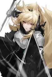 Rule 34 | 1girl, absurdres, animal ear fluff, animal ears, arknights, armor, axe, blonde hair, breastplate, hair between eyes, headphones, headset, highres, holding, holding axe, holding shield, holding weapon, horse ears, horse girl, horse tail, large tail, long hair, nearl (arknights), pauldrons, ponytail, shield, shoulder armor, simple background, solo, sowb, tail, weapon, white background, yellow eyes