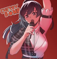 Rule 34 | 1girl, arm up, black hair, cherry bomb (love live!), collared shirt, grey eyes, grey jacket, highres, holding, holding microphone, jacket, long hair, looking at viewer, love live!, love live! nijigasaki high school idol club, mayo e, microphone, multicolored clothes, multicolored jacket, open mouth, plaid, plaid jacket, ponytail, red background, shade, shirt, short sleeves, solo, teeth, two-tone jacket, upper body, upper teeth only, white jacket, yuki setsuna (love live!)